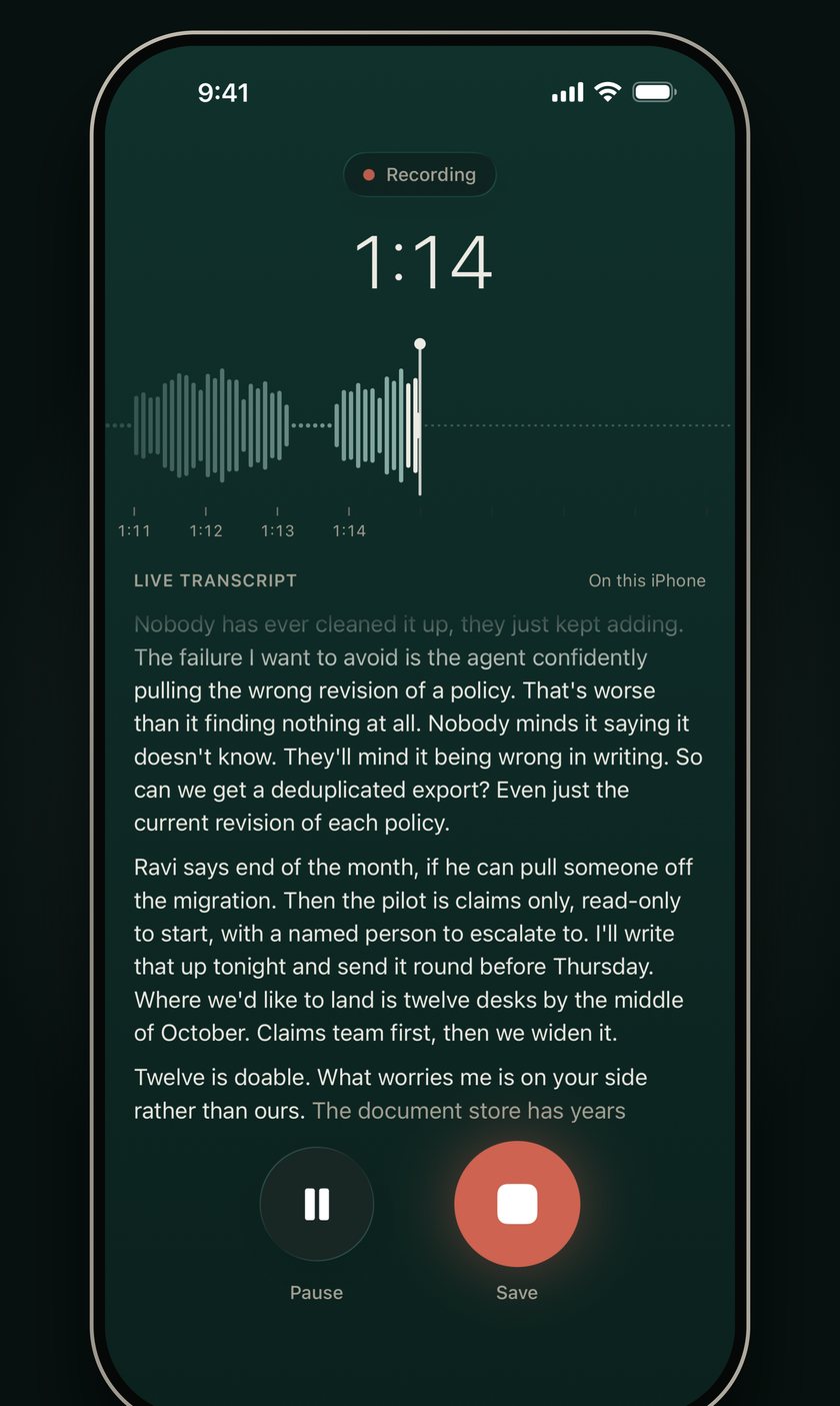 YapVault recording at 1:14 with the live transcript filling in below the waveform