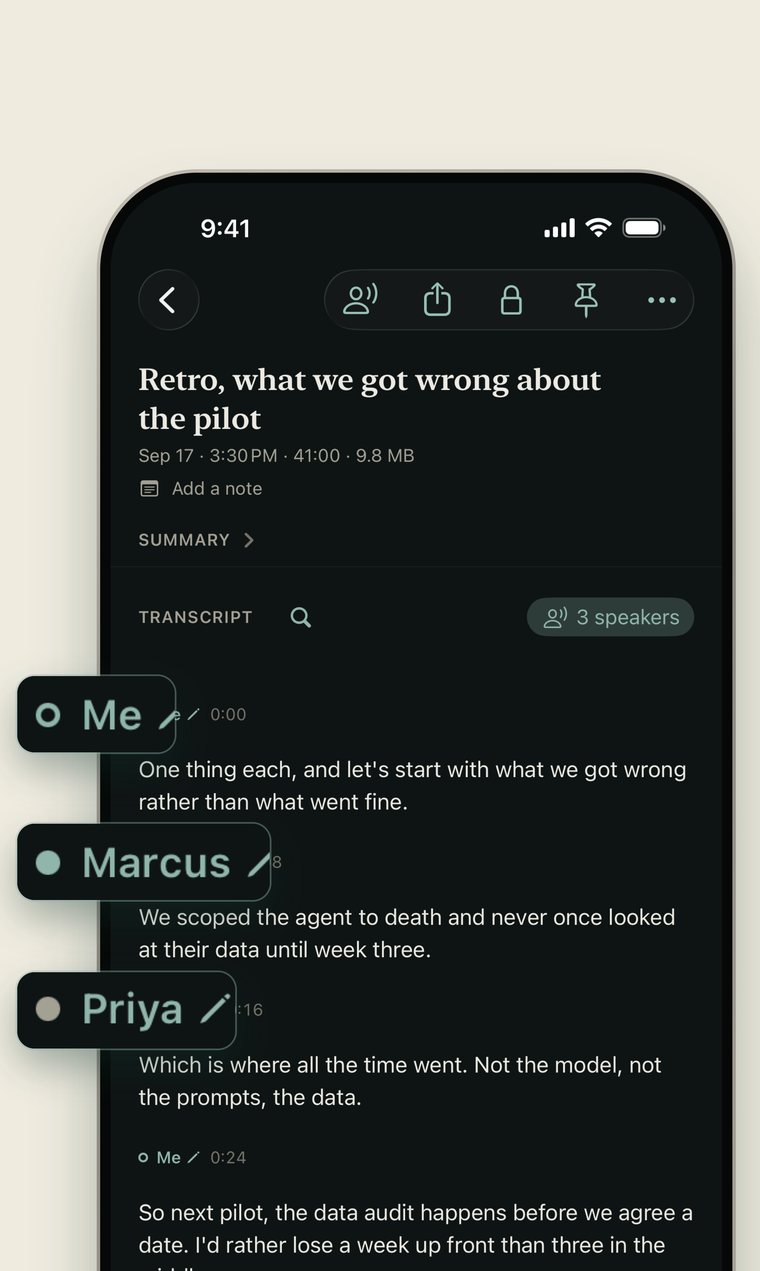A transcript split between three named speakers: Me, Marcus and Priya