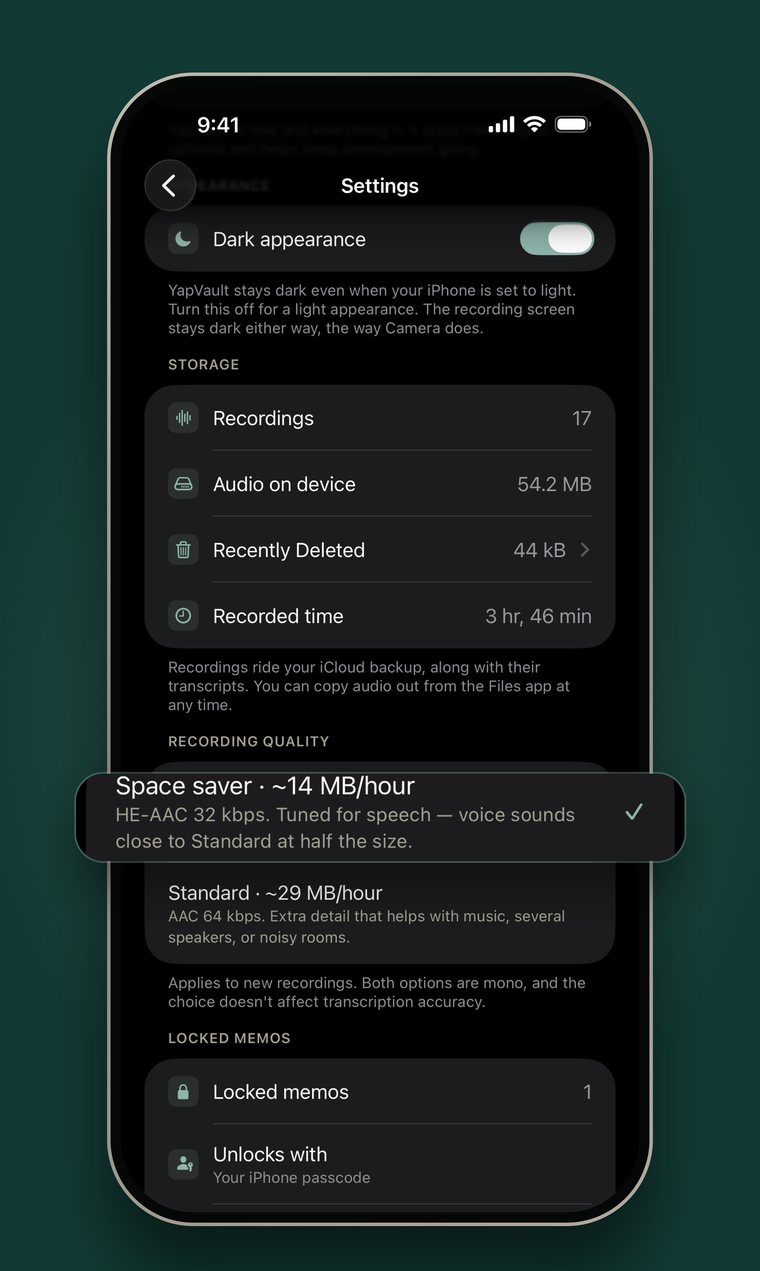 Storage settings: 17 recordings using 54.2 MB, with the Space saver quality at about 14 MB per hour